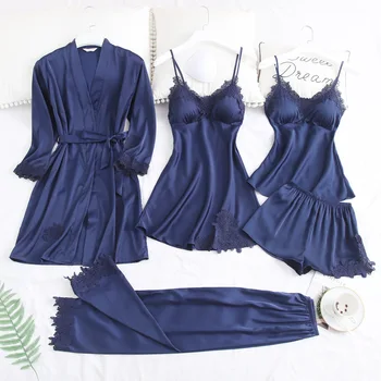 

Summer New 5pcs Sexy Lady Kimono Bathrobe Nightdress Casual Sleepwear Robe Nightwear Navy Blue Nightgown Intimate Lingerie