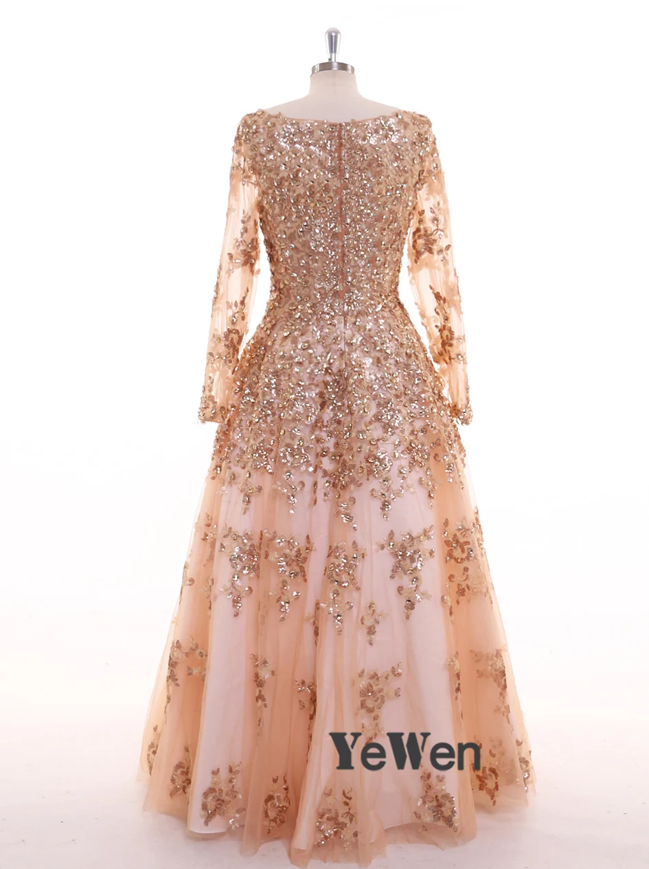 Золотое вечернее платье с пайетками размера плюс с кристаллами с длинными рукавами, бальное платье из Саудовской Аравии