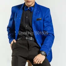 Синий мужской воротник с кристаллами бисером смокинг куртка/сценическое представление, только куртка