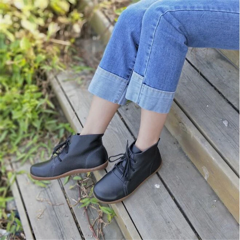 

Abedake BRAND AUTUMN HANDMADE COW LEATHER BOOTS FLAT BOTTOM HANDMADE WOMEN GENUINE LEATHER CASUAL BOOTS SIZE 35-40