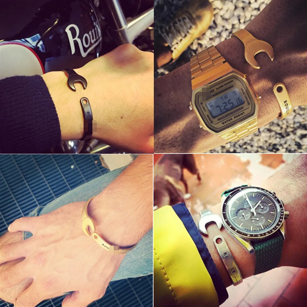 

Retro Vintage Nostalgic Titanium Steel Machinery Ancient Silver Intaglio Letter Cuff Bracelets Bangles Wrench Open Cuff Bracelet