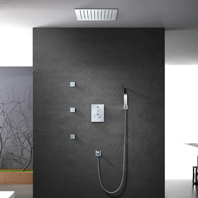 Ceiling Mounted 64 Color LED Rainfall Shower Heads 4 Functions Brushed Shower Faucets Set Water Power Light Bathroom Rain Shower