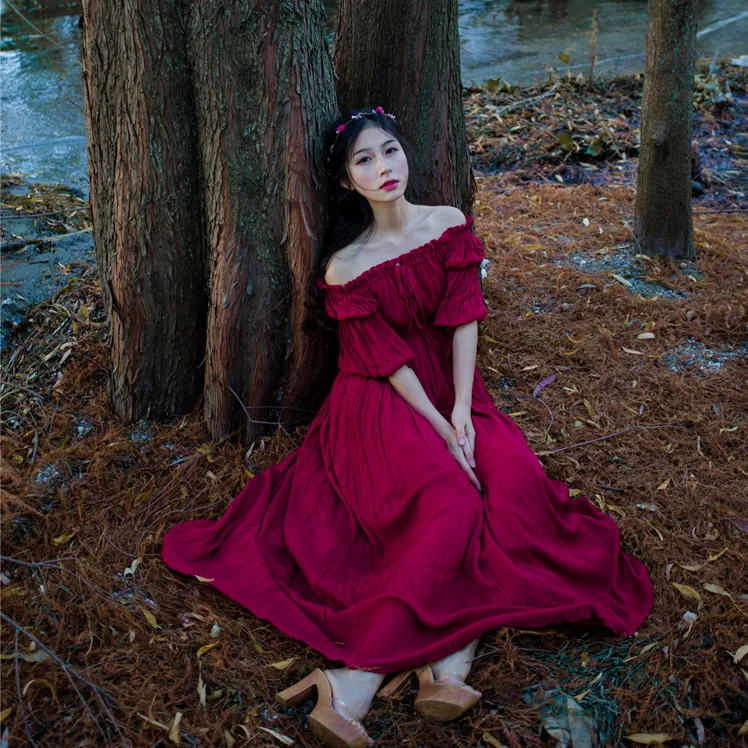 

Spring 2016 Vintage Mori Girl Style England Style Slash Neck Off The Shoulder Solid Cute Wine Red Apricot Color Lady Dress