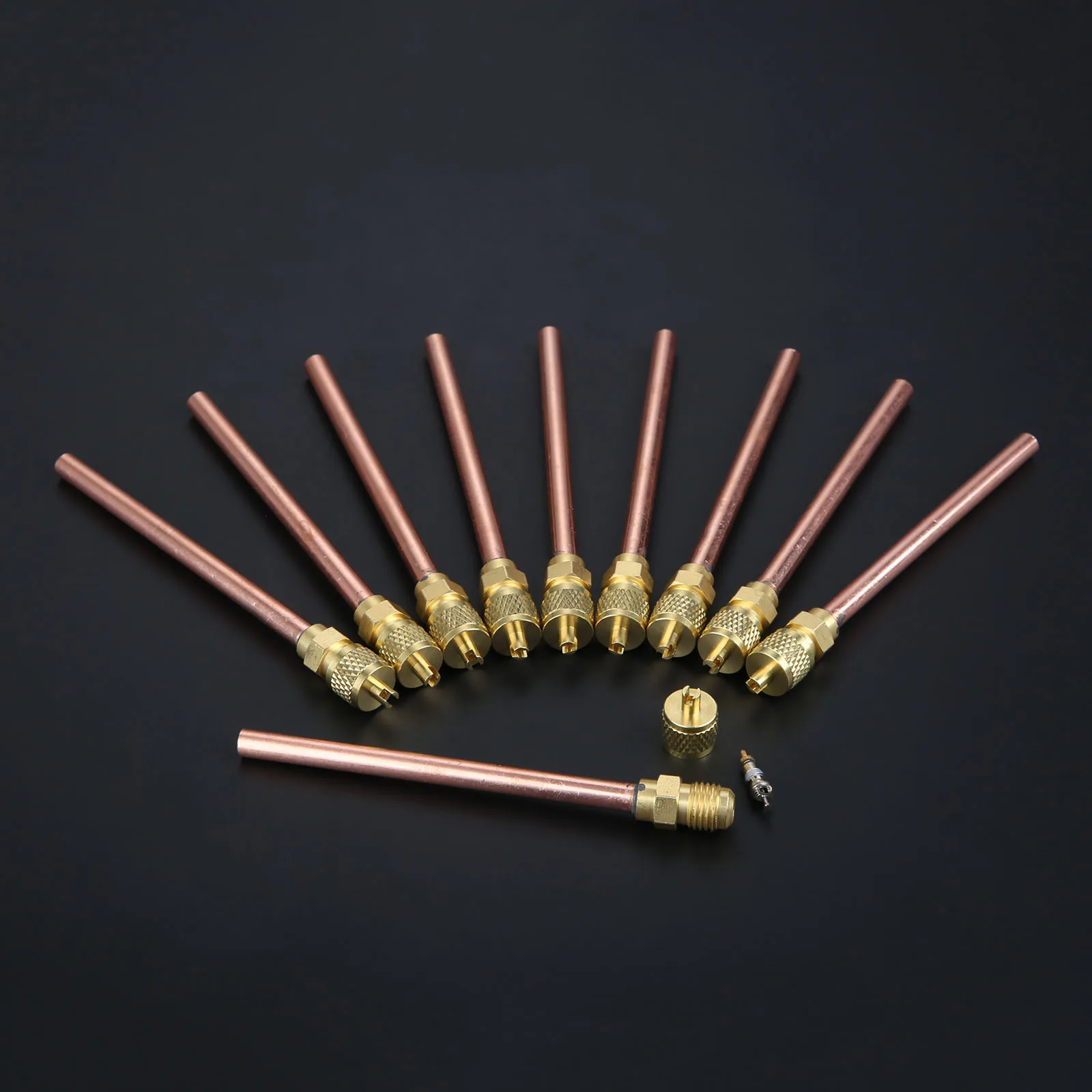 

10pcs AC Air Conditioning Refrigeration Service Access Valve+ Core Set 1/4in SAE x 1/4in OD x 4in Stem Tool Accessories