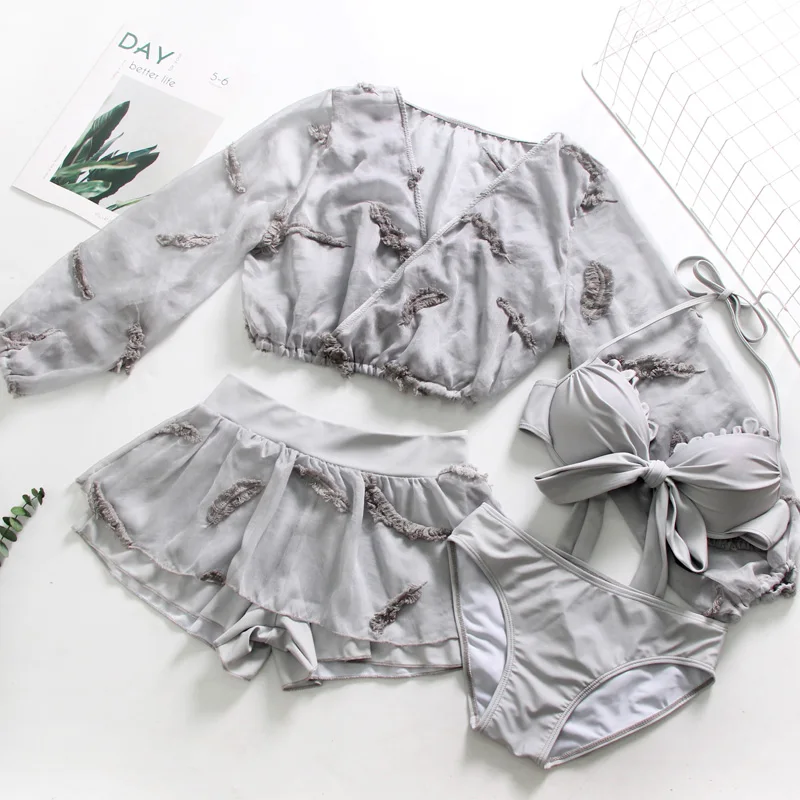 

Swimsuit 4 piece push up buckle swimwear women bikini Sports bathing suit Summer bathers Brazil Grey blouse skirt biquinis femin