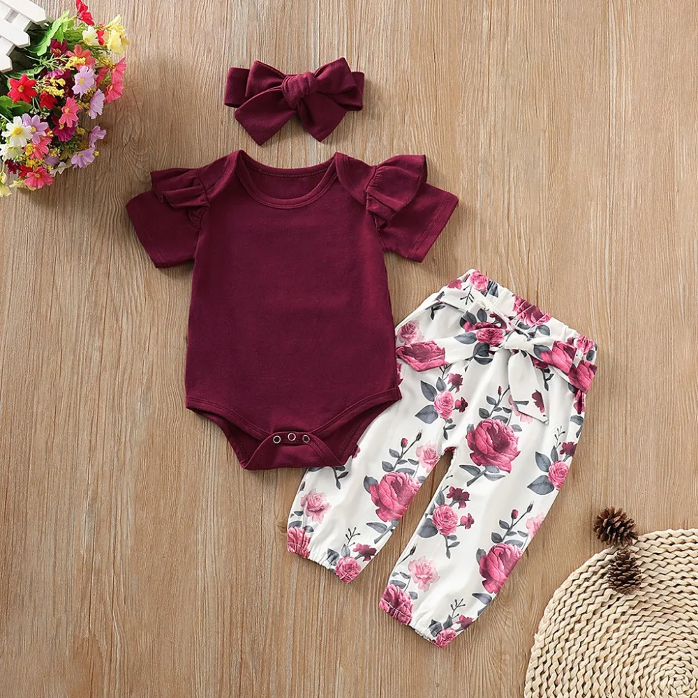 

Vogue 3PC Toddler Girls Floral Summer Clothes Newborn Rampers Girls Outfit Sets + Headbands Happy + Baby Clothes Bebek Giyim 2j