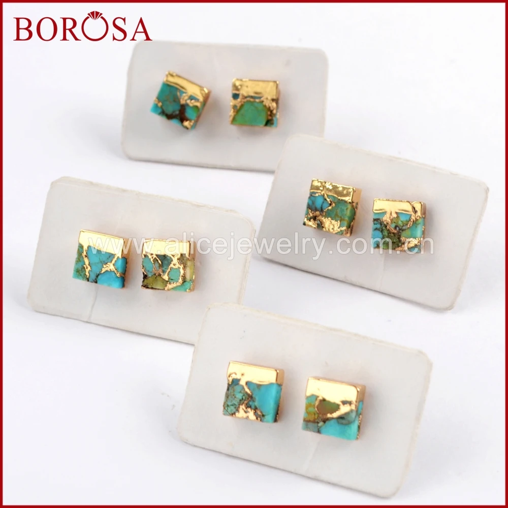 Женские квадратные серьги гвоздики BOROSA винтажные медные из натуральной бирюза