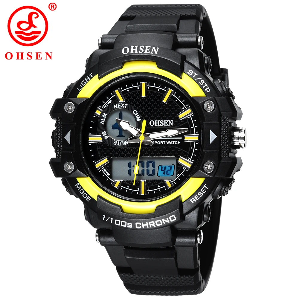 

OHSEN Digital Sports Male Watch 50M Dive Multifunction Watch Dive LCD Digital Fashion Yellow Watch Men Wristwatch Reloj Masculin