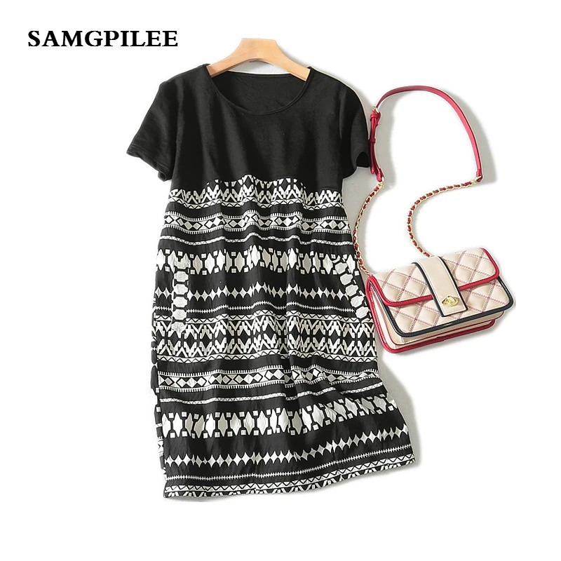 

2019 New Arrival Samgpilee Casual A-line Print Short sleeve Appliques Knee-length Natural O-neck Summer women Dress L-3XL