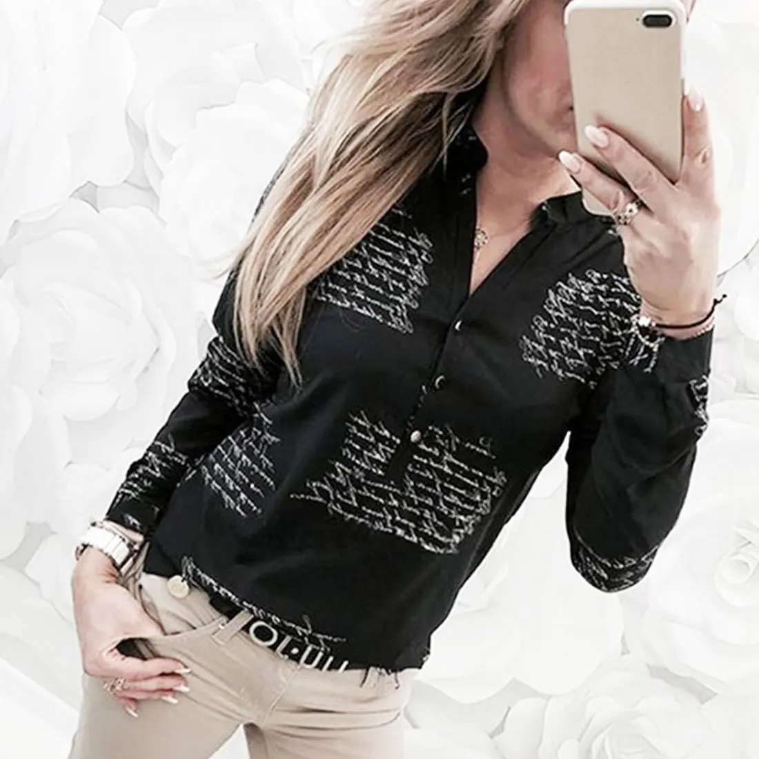 

Contracted Summer Shirt Tops Women V Neck Letters Printing Button Long Sleeve Tops Elegant Ladies Formal Office Blouse