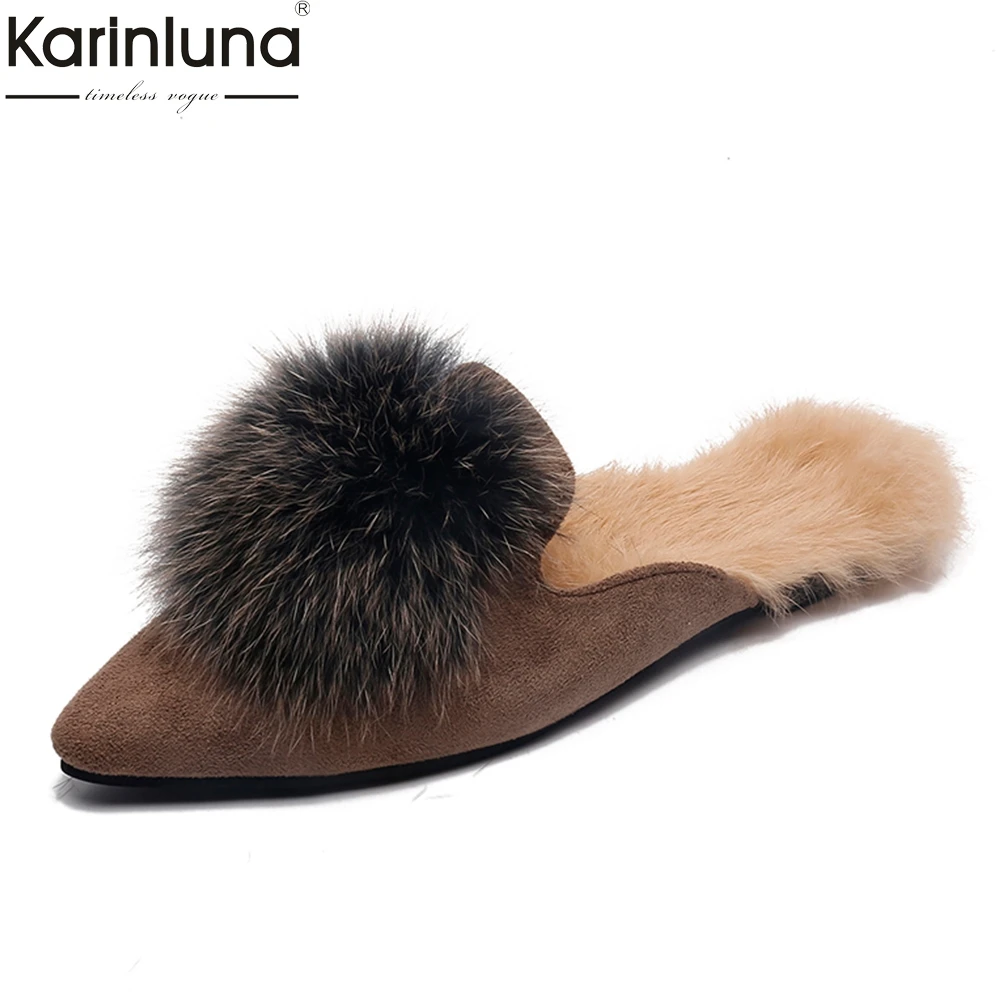 

Karinluna new arrivals comfortable real Fur pointed toe Autumn women's mules flats Shoes Woman Shoes indoor outdoor Women shoe