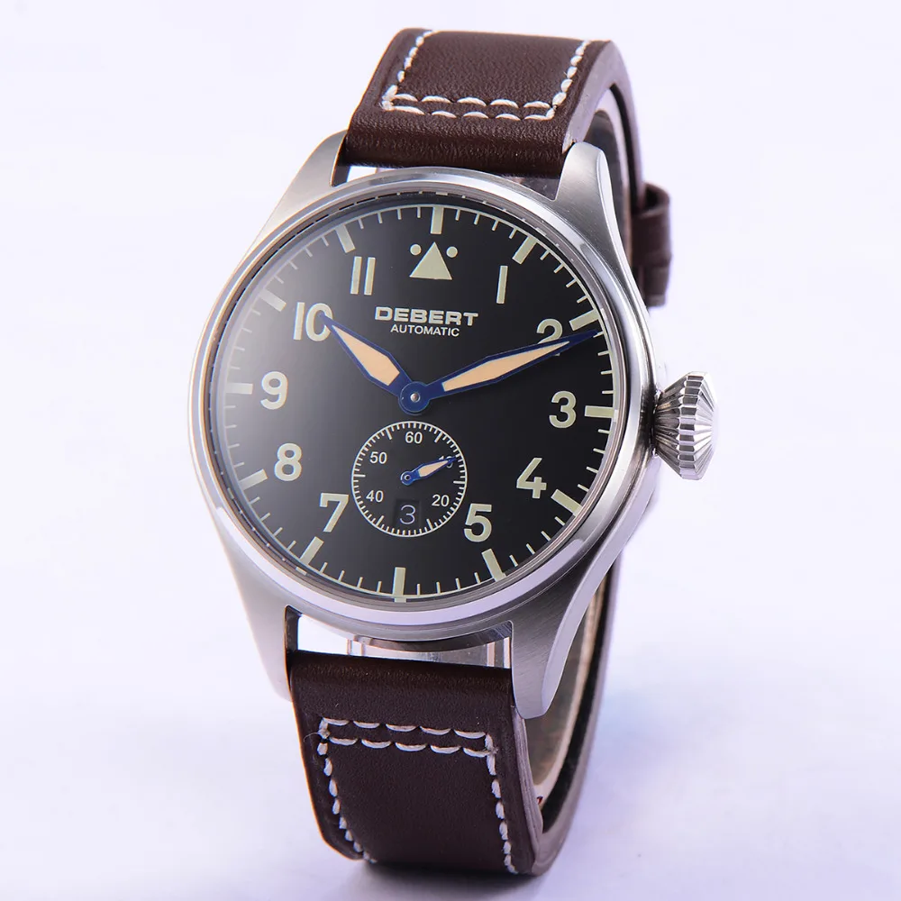 Debert 42 мм черный циферблат сапфировое стекло кожаный ремешок автоматические часы для мужчин