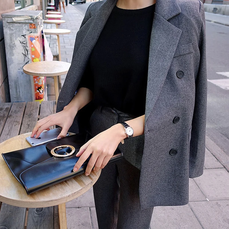 Fashion Spring And Autumn Slim Trousers Two Pieces Grey Double Breast Button Long Pant Jacket Office Lady Long Sleeves Lady Suit