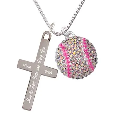Large Super Sparkle Crystal Pink AB Softball - Bless and Keep You - Cross Necklace (1)