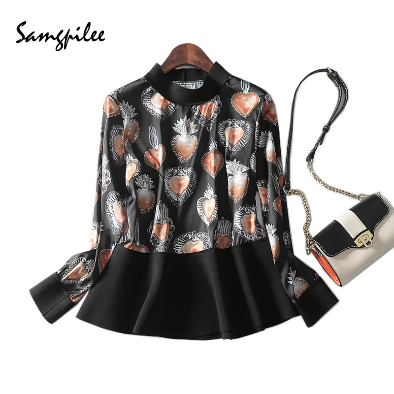 

2018 New Winter Casual Knitted Full sleeve Appliques fashion Print Stand collar women T-shirts Plus size L-3XL