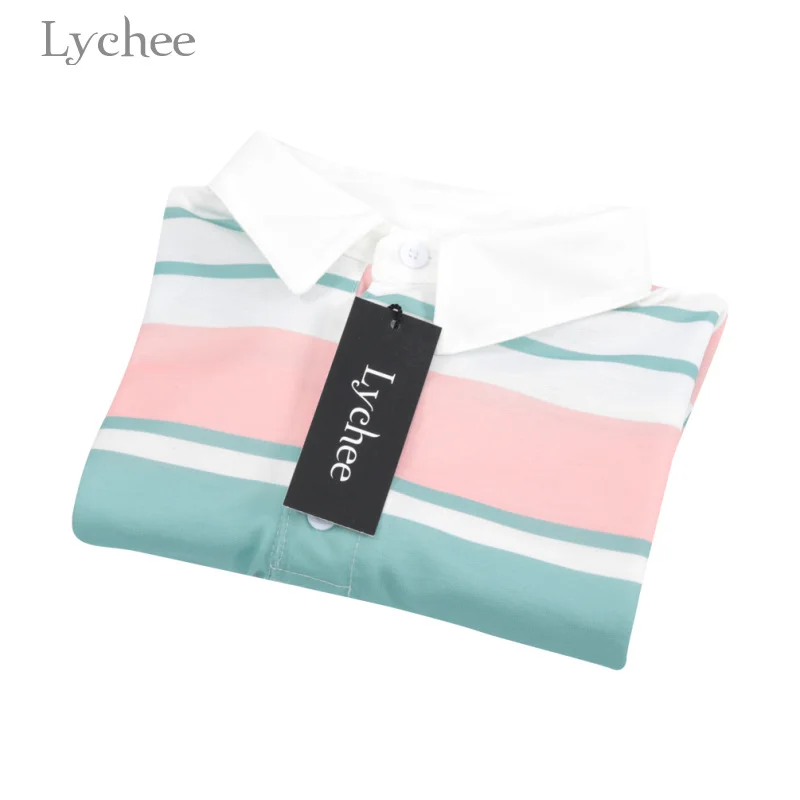 Lychee Летняя женская футболка в полоску на пуговицах, с отложным воротником, с длинным рукавом, Повседневная Свободная футболка, женская футболка