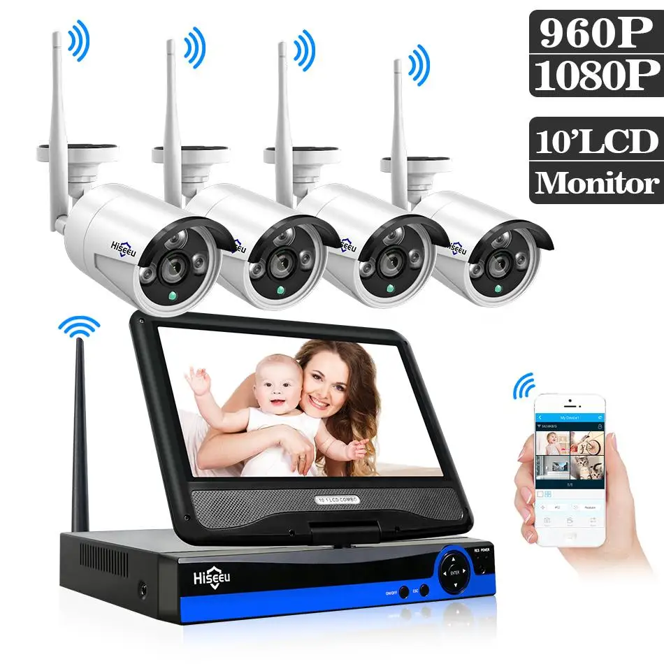 

Hiseeu 4CH 960P 1080P CCTV Camera system kits 10inch LCD NVR 4pcs 1.3/2MP waterproof IP Camera outdoor home security system kit