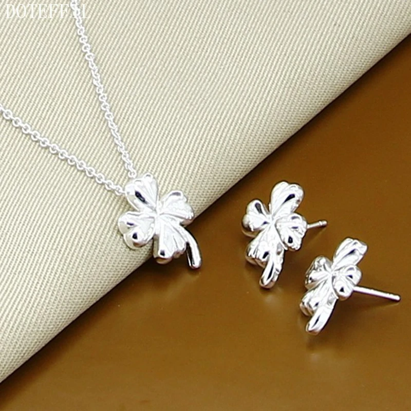 Woman 925 Sterling Silver Clover Flower Necklace Earrings Fashion Women Charm Jewelry Necklace Earrings Jewelry Sets Hot Sale