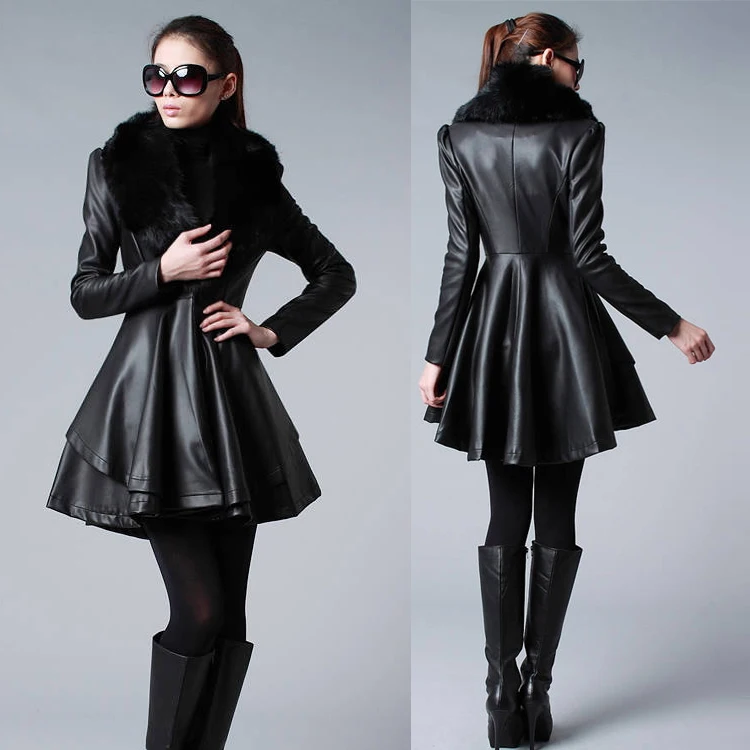 2019 Autumn and Winter Fur Collar Slim Leather Outerwear Women'S Medium-Long PU Clothing Scrub Water Washed Coat Large | Женская