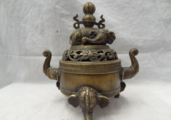 

S3973 9" Chinese Bronze Folk Elephant Head Statue Tibet Flower Incense Burner Censer D0318