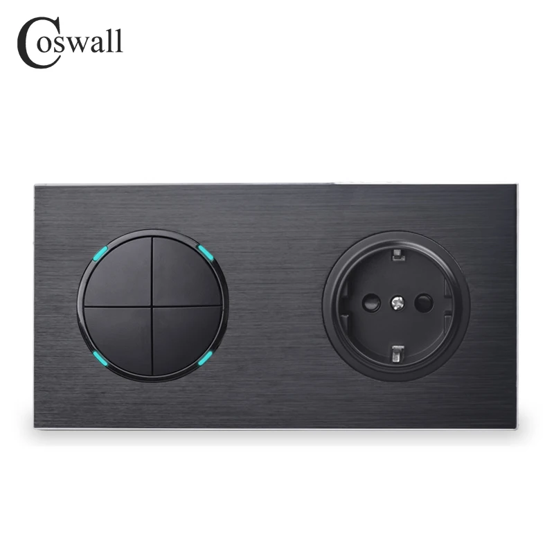 baratas Coswall Preto Metal de Alumínio Painel Tomada de Parede Padrão Da UE + 4 16A 1 Gang Way Botão Interruptor de Luz indicador LED