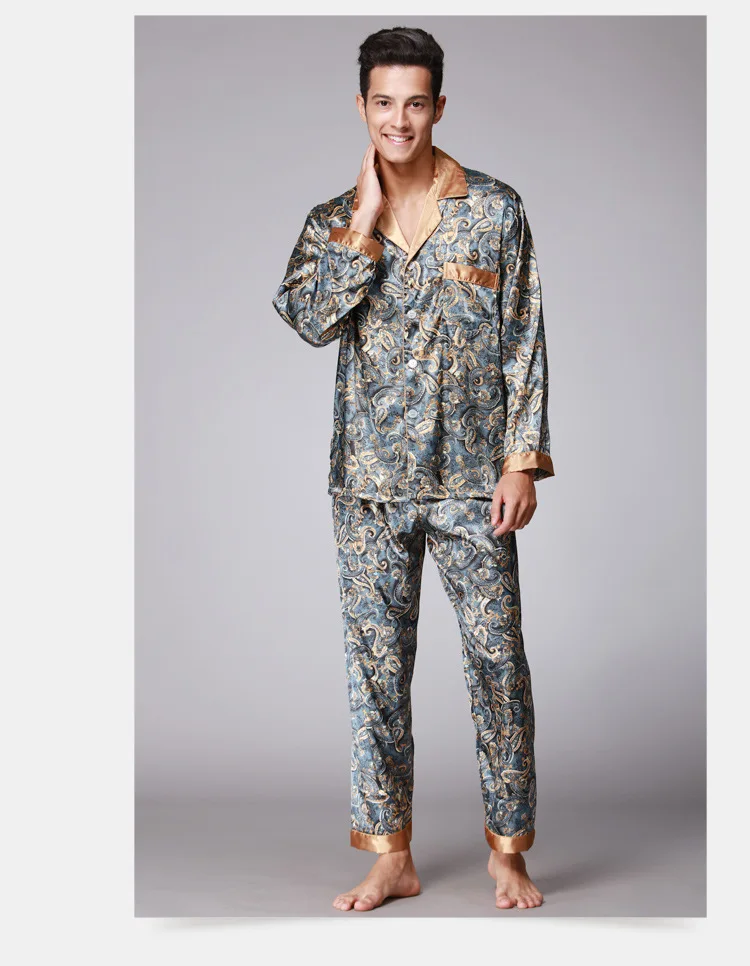 Шелковистые Мужская пижама наборы для ухода за кожей в номера с длинными рукавами атласный шелк Высокое качество для мужчин пижамы