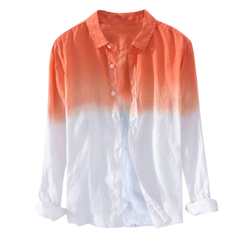 Рубашки для мужчин летние классные тонкие дышащие с отворотом воротник Висячие окрашенные градиент винтажный хлопок узор Повседневная рубашка плюс размер - Цвет: Оранжевый