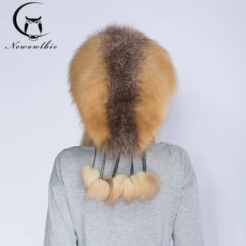 

NEWOWLB Fashion Red Fox Fur Hat Young Lady Warm Luxury Tassels Design Hat Winter Natural Fox Fur Hats With Shawl Protect Skin