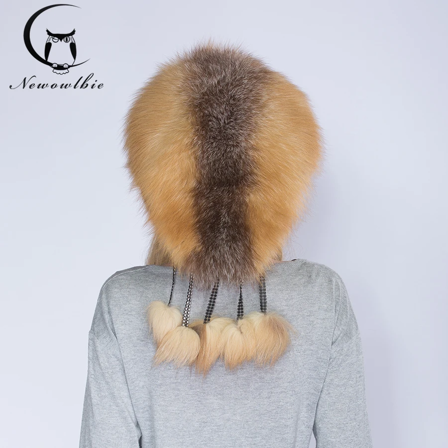 WNAORBM Fashion Red Fox Fur Hat Young Lady Warm Luxury Tassels Design Hat Winter Natural Fox Fur Hats With Shawl Protect Skin
