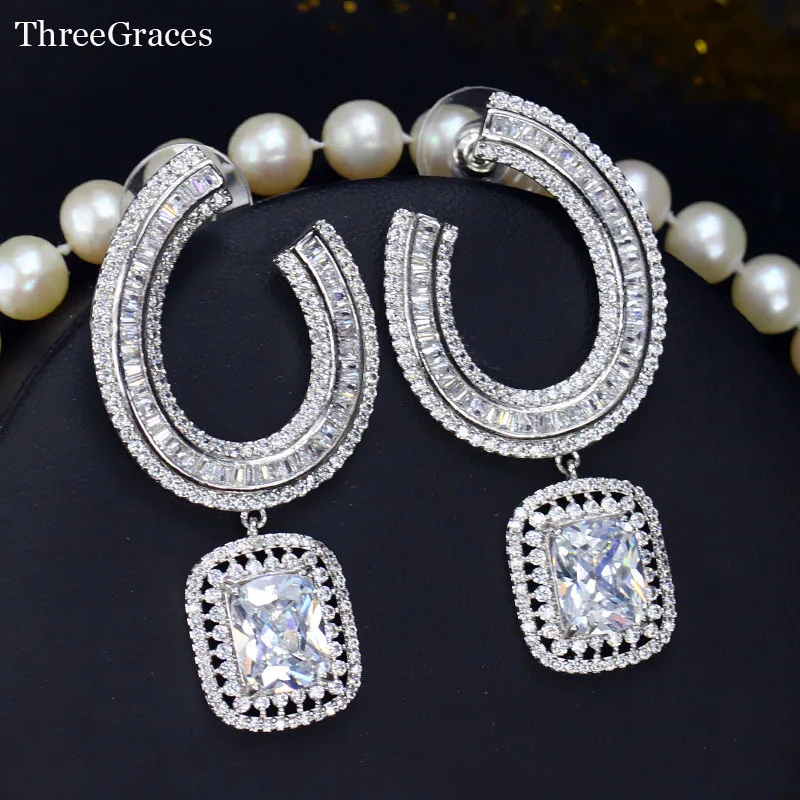 

ThreeGraces Evening Party Jewelry Silver Color With Tiny Zirconia Surround Big Dangle Drop Square Cut Earrings For Women ER241