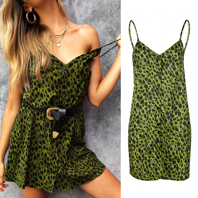

Fashion BBYES Female Green Leopard Print Strappy Mini Dress Women Boho Hot Summer Sexy Ladies Backless Casual Party Sundress