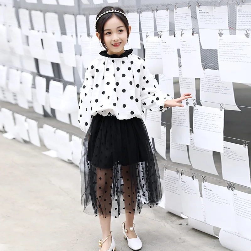 

Fashion Children's Wear Girls' Polka dot top Shirts + Cake Waist Skirt Two - Piece Sets Kids Long Sleeve Blouse Skirts Suit