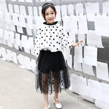 Fashion Children's Wear Girls' Polka dot top Shirts + Cake Waist Skirt Two - Piece Sets Kids Long Sleeve Blouse Skirts Suit cutout waist gold polka dot velvet top