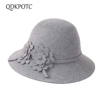 

QDKPOTCHot Sale Quality Female Fedoras Beautiful Flowers Wool Felt Hat Bucket Topper Solid Color Autumn Winter Hats For Women