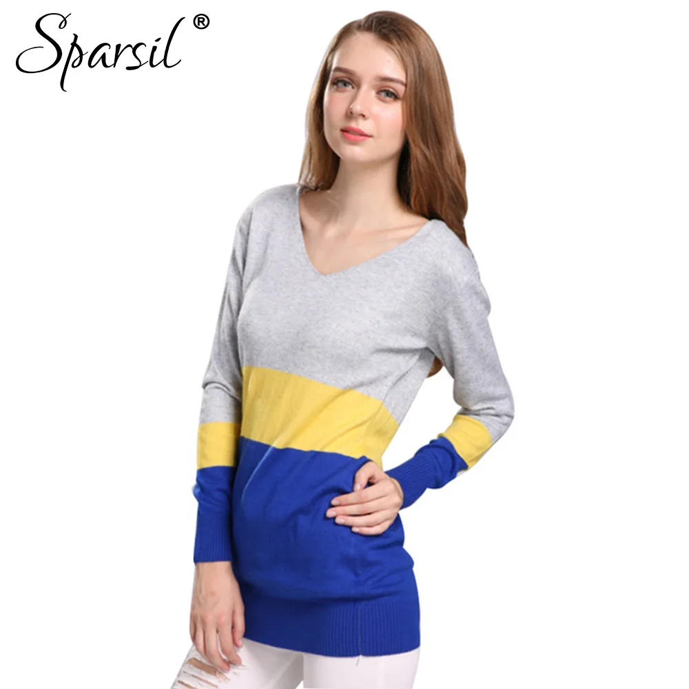 

Sparsil Women's Autumn Cashmere Blend Knitted V-Neck Slim Style Pullover Winter Patchwork Design Rib Cuff Knitwear Sweater