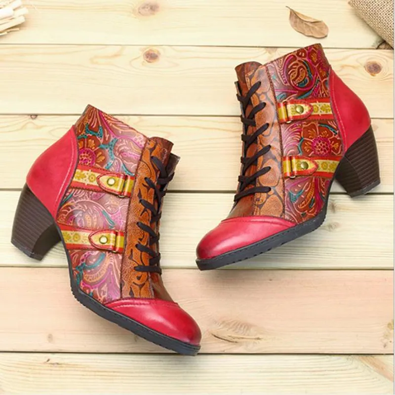 

Spring and Autumn Fashion Leather Comfortable Vintage National Wind Women's Boots Plus Size high heels Female ankle boots boty