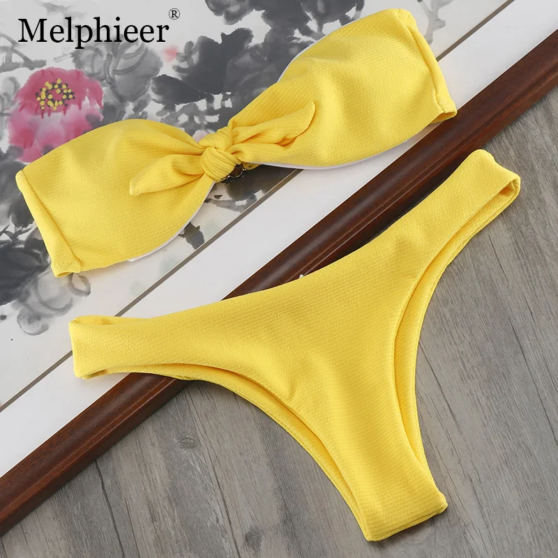 Melphieer Горячий Женский Желтый бикини Sexi галстук-бабочка купальный костюм женский 2018 однотонный купальный костюм бандо бикини купальный