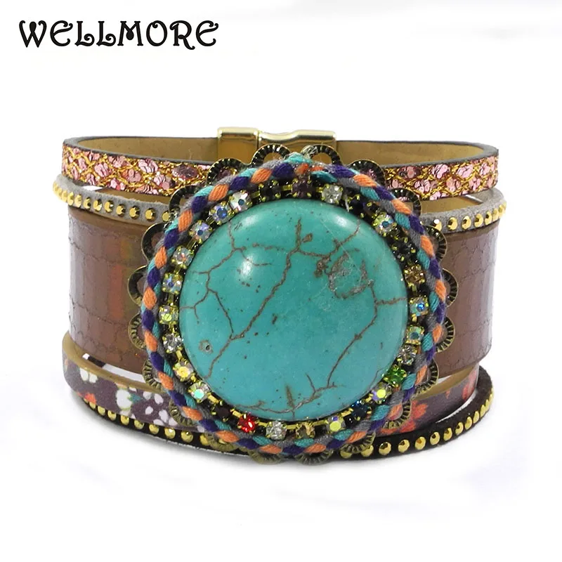 

WELLMORE Leather bracelets round Stone Bohemian charm bracelets for women jewelry wholesale dropshipping