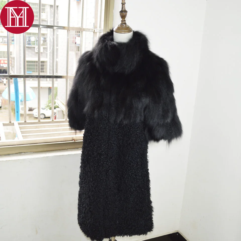 2017 brand women winter real fox fur long coat 100% real fox ful fur and real sheep fur jacket elegant fur outerwear trench coat