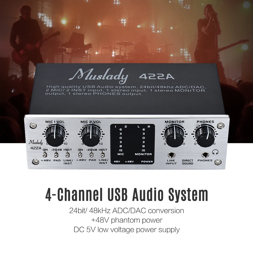 Muslady 422A 4-канальный USB аудио Системы Интерфейс внешняя звуковая карта+ 48V phantom Мощность DC 5V Питание для компьютера