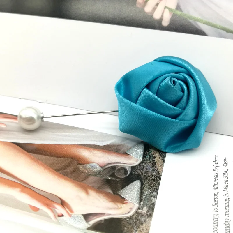 

5pcs Blue Satin Rose Handmade Flower Brooch Pin Wedding Party Favor Gifts For Guests Bridesmaid Best Man Groomsman
