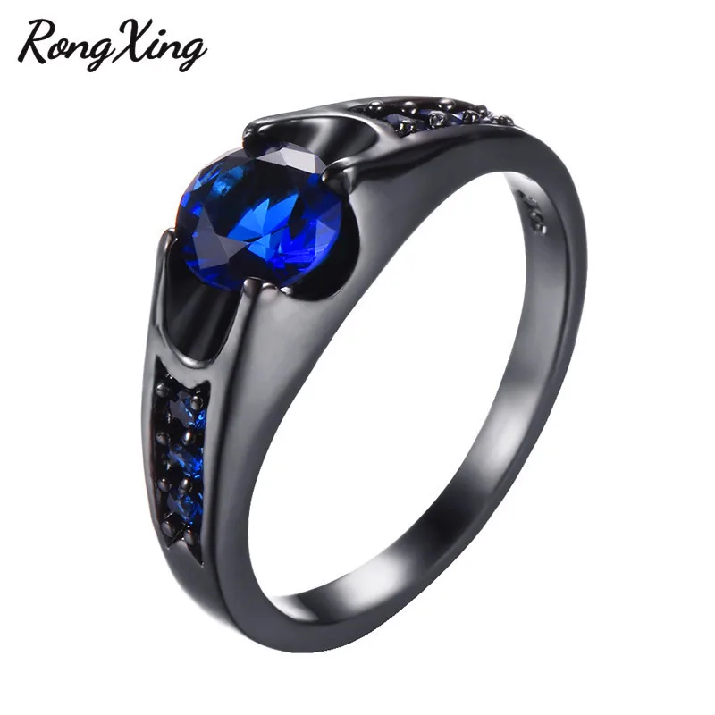 

RongXing Black Gold Filled Round AAA Zircon Blue Rings For Men Women Sep Birthstone Wedding Promise Jewelry Wholesale RB1338