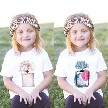 

2019 Summer Kids Tshirt Harajuku Flower Perfume Streetwear Leisure Thin Section Trend Girls Shirts O-Neck White Child Tee Shirt