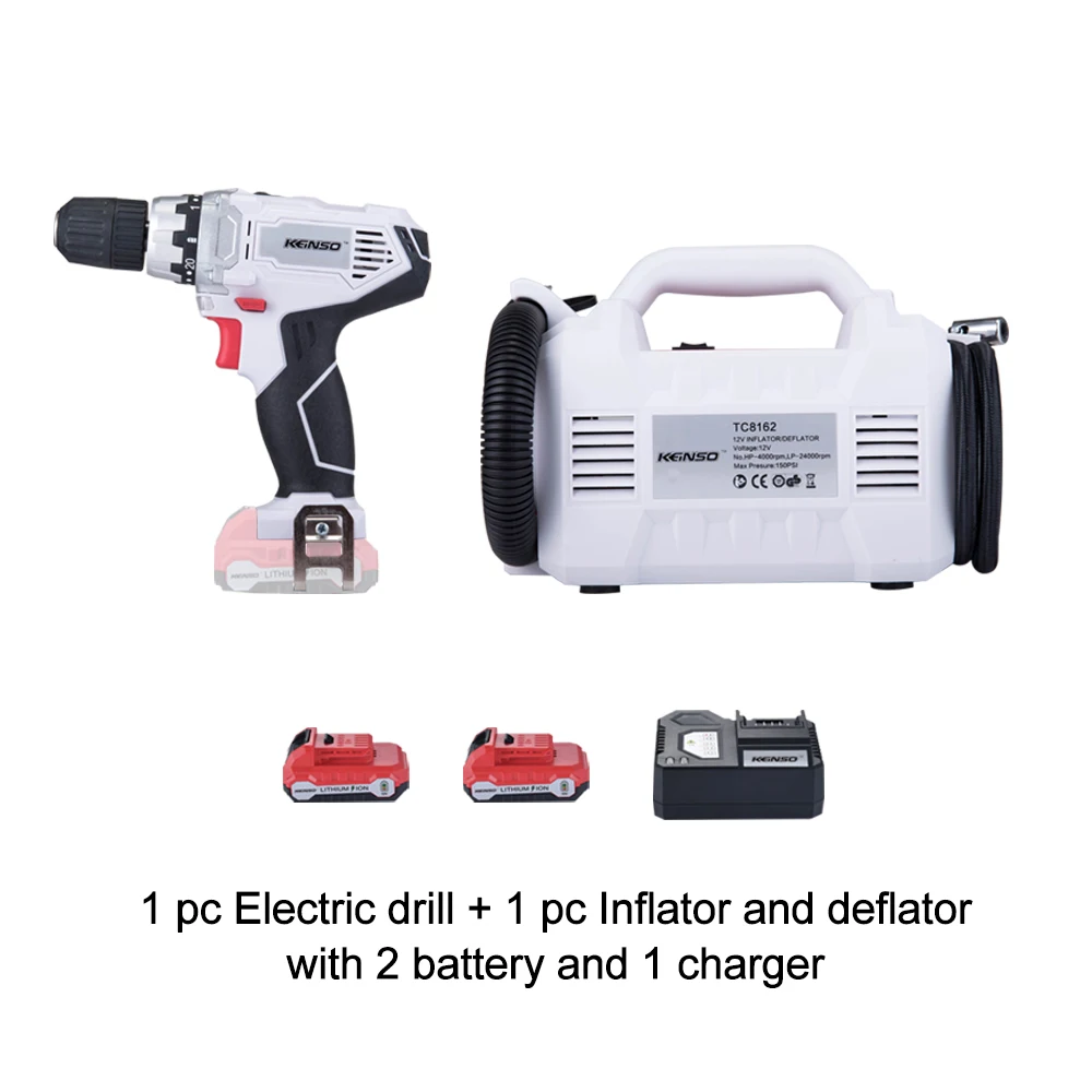 

Keinso 12V power tools set Inflator and deflator and Electric drill with two lithium battery and one charger