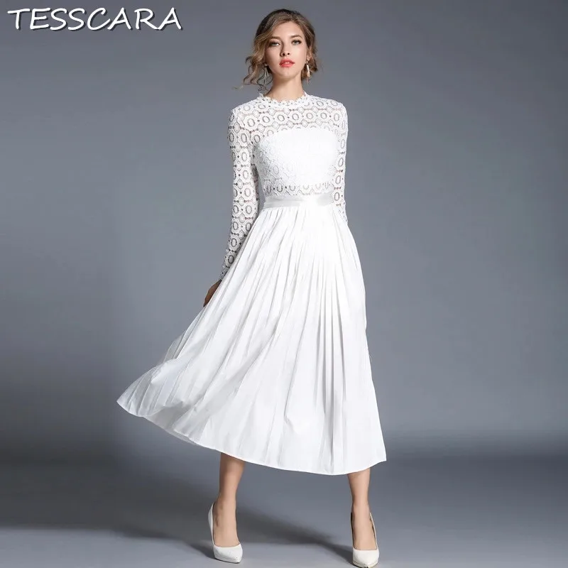 

TESSCARA Women Elegant White Lace Dress Female Long Wedding Party Robe Femme Vintage Designer High Quality Flower Girl Vestidos