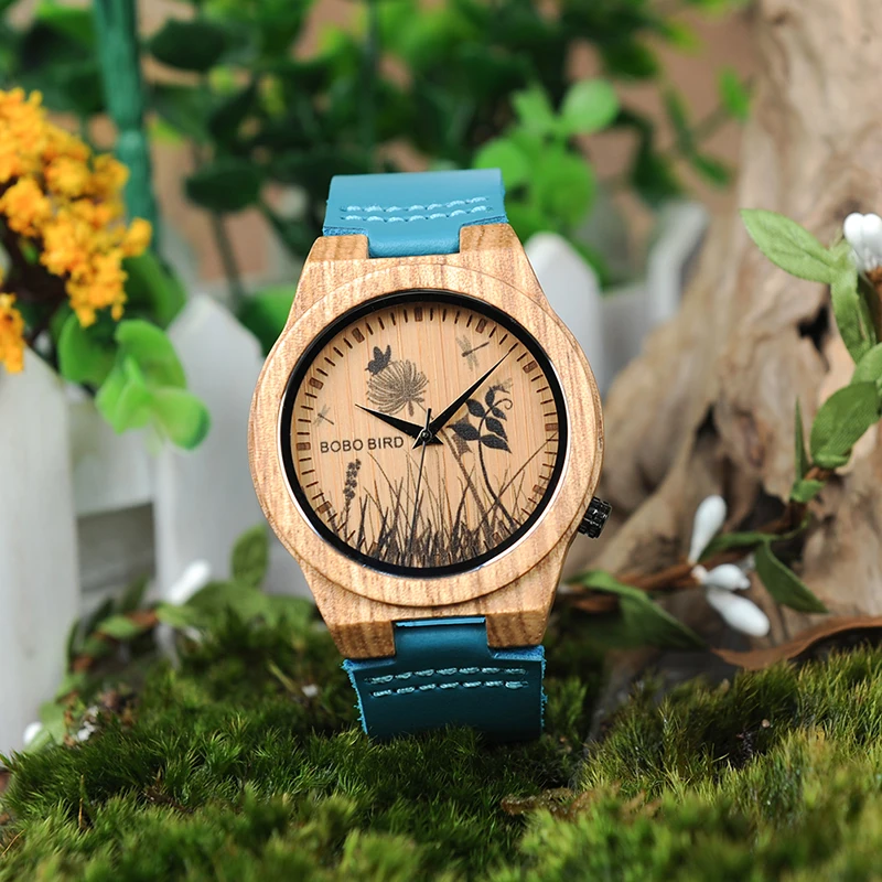 BOBO BIRD LP20-6 Landscape reloj mujer Watch Men Quartz Watch Zebra Wood Erkek kol saati Blue Leather Strap Clock