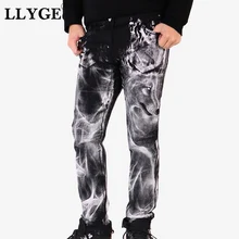 Мужские джинсы с принтом волка, черепа, хип-хоп мото-байкерские джинсы, осень, модные мужские Плиссированные узкие джинсы на молнии, Прямая поставка