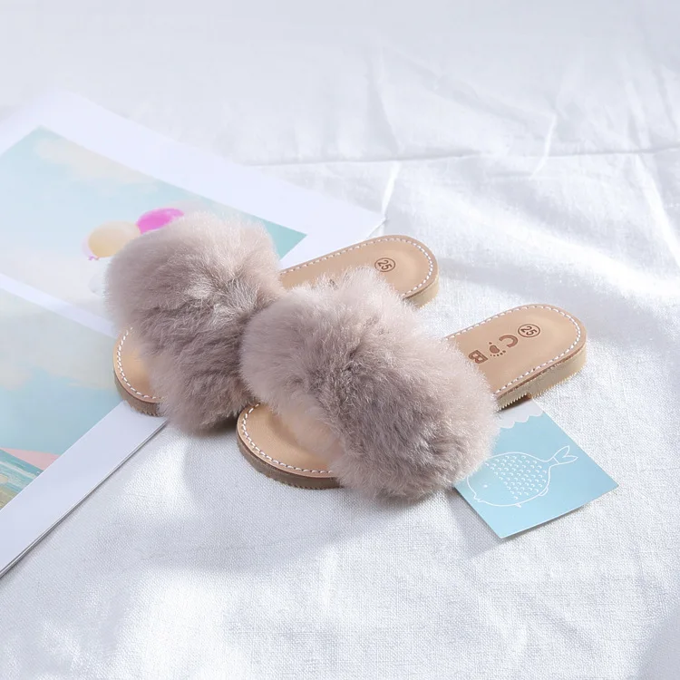 New Spring Plush Slippers Girls Slippers Real Rabbit Fur Shoes Open Toe Slippers All-match Childrens Shoes Summer Home Slippers