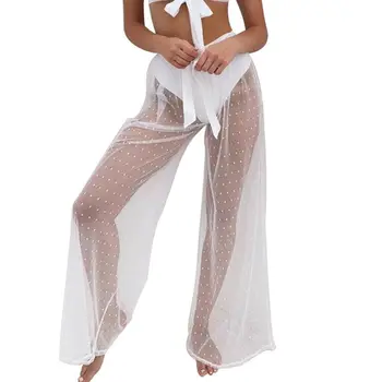 

Women See Through Mesh Pnats New Lady Summer High Waist Cover Trouser Beach Pants Female Holiday Sea Side Long Pants