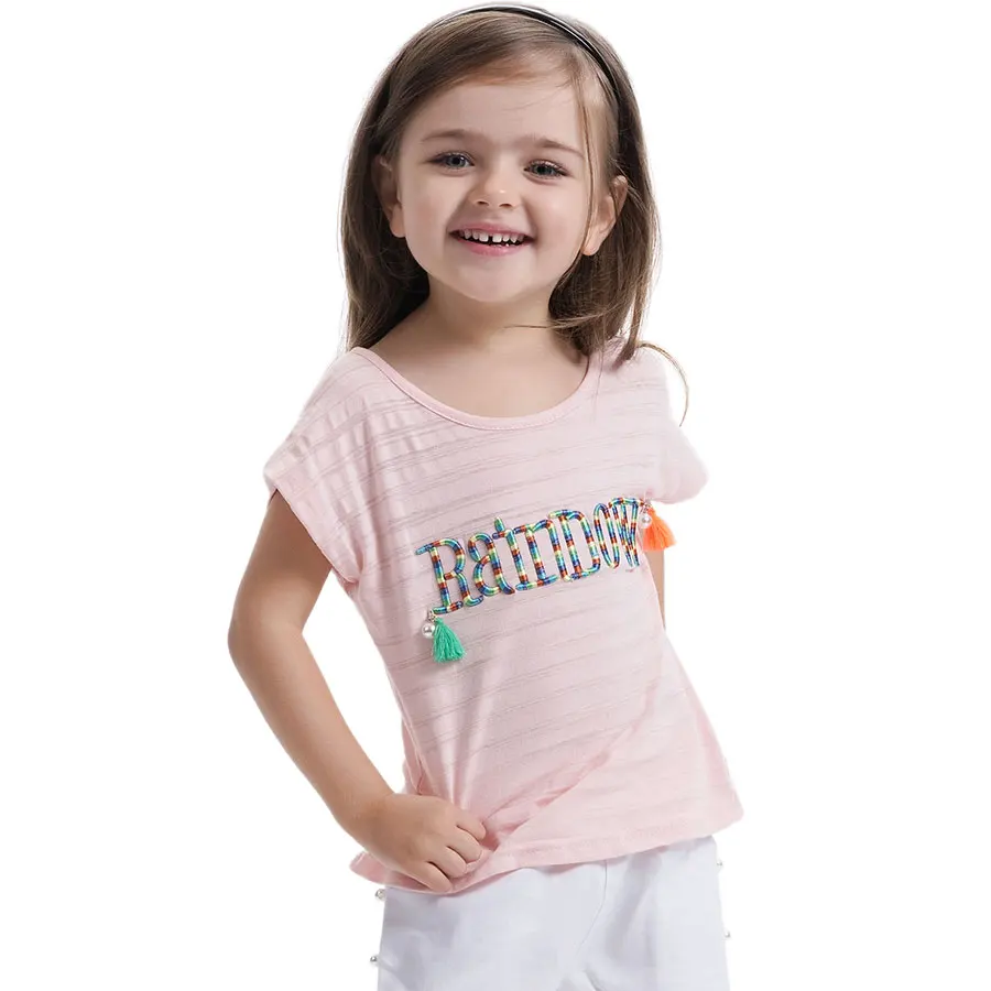 

LEMEMOGO Summer New Girl Kids T-shirt Short Tops 2018 Children Cotton embroidered T-shirt O-Neck Fashion tops For Girl Clothes